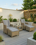 Wentworth 2 seater rattan reclining garden set with two high-back recliners, footstools and glass table