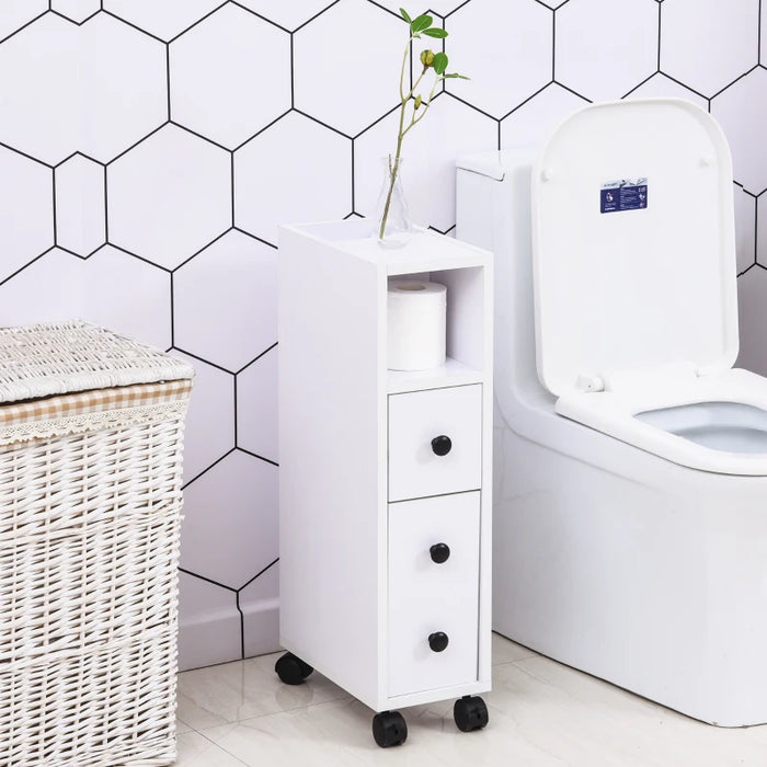 White Slimline Bathroom Storage Unit With 2 Drawers & Wheels