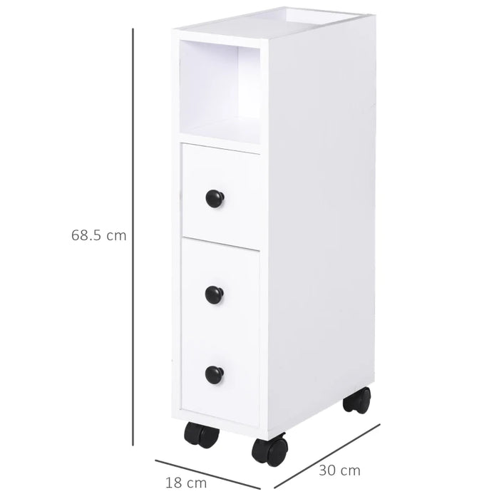 White Slimline Bathroom Storage Unit With 2 Drawers & Wheels