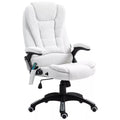 Image of a White Upholstered Desk Chair.
The chair features 6-point heated massage, swivel wheels, reclining backrest and adjustable height.