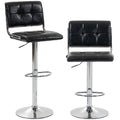 Two black square tufted PU leather bar stools with chrome bases on a white background