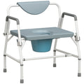 White frame commode chair with grey seat, backrest, flip-up arms and bucket on white background