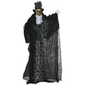 Animated skeleton reaper decoration in a black lace robe and tall top hat