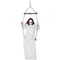 Animated hanging swing ghost Halloween decoration with a pale face and glowing red eyes