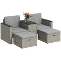 5 Piece Rattan Garden Furniture Set with Footstools Cushions and Storage Table Grey by Outsunny