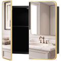 Natural wall mounted bathroom mirror cabinet with both mirror doors open above a marble vanity