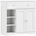 White bathroom storage cabinet with a top drawer, 3 open shelves and 2 doors on a white background