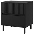Black bedside cabinet with two drawers and steel legs, studio view