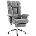 Grey linen-look big and tall massage office chair with padded armrests and pull-out footrest on a white background