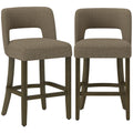 Set of 2 brown chenille counter height bar stools with open backs and footrests on a white background