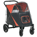 PawHut One-Click Foldable Pet Travel Stroller with Rain Cover, Cat Dog Pushchair with Universal Front Wheels, Shock Absorber, Storage Bags, Mesh Window, Safety Leash for Large and Medium Dogs (Red)