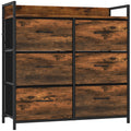 Rustic brown 6-drawer fabric chest of drawers with black steel frame on white background