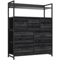 Black wood-effect 7-drawer fabric chest of drawers with two open shelves on a white background
