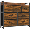 Rustic brown 7-drawer fabric chest of drawers with a raised top shelf on a white background
