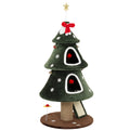 Green Christmas tree cat tower with two condos, red bow and gold star on a white background