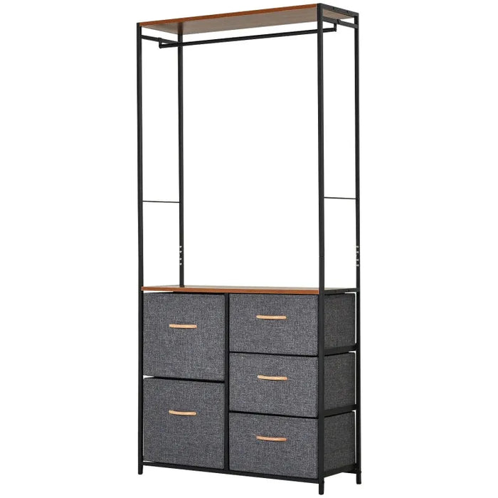 Steel Frame Chest of Drawers with Coat Rack, Black Brown