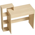 Natural computer desk with 3 open side shelves and a drawer on a white background