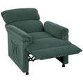 Green corduroy electric recliner with the footrest raised