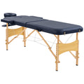 Dark blue folding massage table with a beech wood frame and face-hole headrest