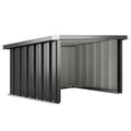 Dark grey galvanised steel robot mower garage with sloped roof on a white background