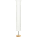 White cylindrical paper-shade floor lamp with pine wood base, studio shot