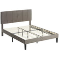Grey double bed frame with padded velvet-feel headboard, wooden slats and dark legs on a white background