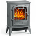 Homcom grey electric fireplace stove, front view with arched glass door and flame lit