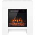 White electric fireplace suite with an open bottom space and a black framed log flame fire on a white background