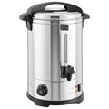 Stainless steel 8L electric water urn with a black lid, tap and temperature dial