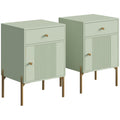 Light green end table set of 2 with drawer, cabinet and gold-tone metal legs, studio view