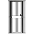 Black extra tall cat gate with walk-through door and pull-ring latch on a white background