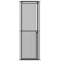 Black extra tall pet gate with a walk-through door on a white background