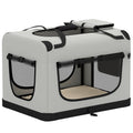 Light grey foldable pet carrier with black trim and mesh windows on a white background