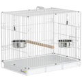 Pawhut white folding bird travel cage with wooden perch and two stainless steel bowls