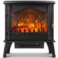 Black electric fireplace stove with a glass door and log flame effect, studio front view