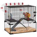 Black wire gerbil cage with deep glass bottom and connecting tubes, studio shot