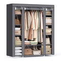 Grey fabric wardrobe with the cover open, showing the hanging rail and shelves on both sides
