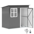 Dark grey 7x4ft Outsunny metal garden shed on a white background with the door open, shown with the included gloves and padlock