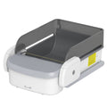 Grey and white self-cleaning cat litter tray with open-top hood on a white background