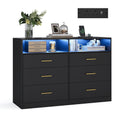 Ink Black 6 drawer dresser with 2 blue LED open shelves, gold handles and a UK socket and USB panel