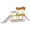 Indoor playset with a slide, platforms and a castle-style tower on a white background