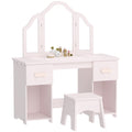 Pink kids dressing table with tri-fold mirror, two drawers and a matching stool on a white background