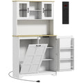 White kitchen cupboard with glass upper doors, tilt-out bin and an inset 3 socket charging strip