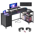 Ebony black L-shaped corner desk with 4 drawers, corner shelves, monitor stand and power strip