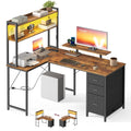 Rustic brown L-shaped desk with shelf unit, monitor stand, printer and a 3-drawer cabinet