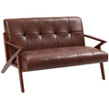 Compact 2 Seater PU Leather Sofa With Tufted Back And Wooden Legs For Home Office Brown