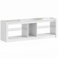 White LED TV stand with four open shelves, glass shelves and a centre compartment on a plain background
