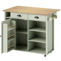 Light green kitchen island with oak-effect drop leaf top, drawers and spice rack on the cabinet door