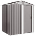 Grey 5x4ft apex metal garden shed with sliding door closed, plain studio view