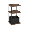 Ebony Walnut 3-tier side table with two open shelves and a black fabric storage basket, studio shot